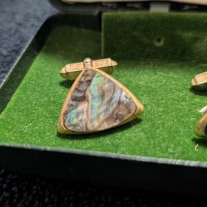 Vintage Labradorite Cufflinks – Gold Tone Inlay • Men’s Formal Jewelry